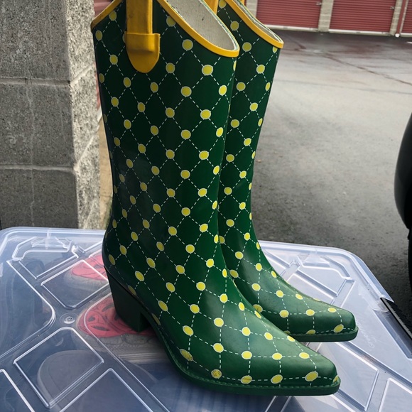 Stadium Stompers Women's Green Yellow Rubber Wellies knee High Boots Size 6 - Picture 3 of 13